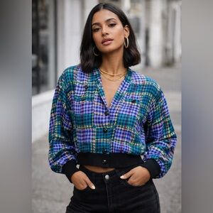 🔥 Vintage 100% Silk Cropped Blouse – Bold 80s Abstract Plaid Statement Top -8-🔥